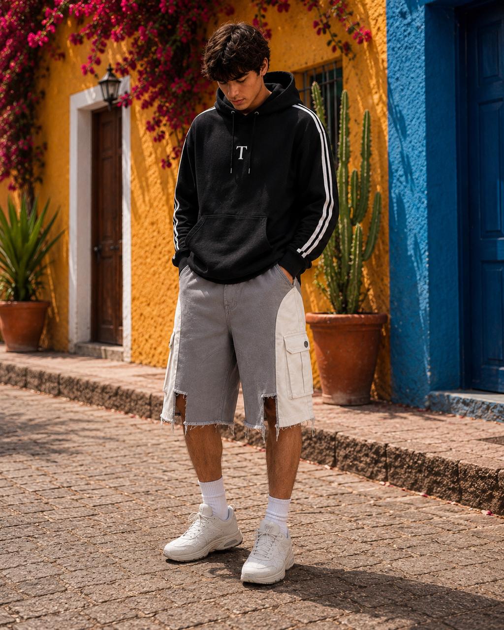 TAKABAH SPLIT TONE CARGO SHORTS GREY AND WHITE