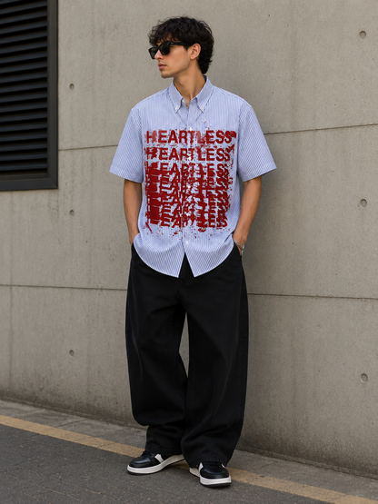Heartless Striped Short Sleeve Shirt SKY BLUE